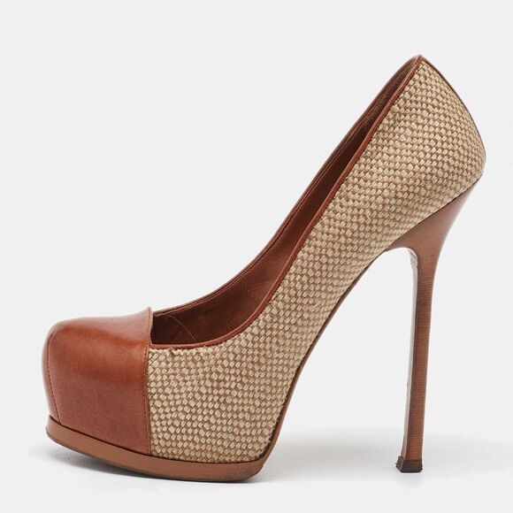 Yves Saint Laurent Beige/brown Jute And Leather Tribtoo Platform Pumps Size 38.5,New Products : American Fashion Style Bags On Sale